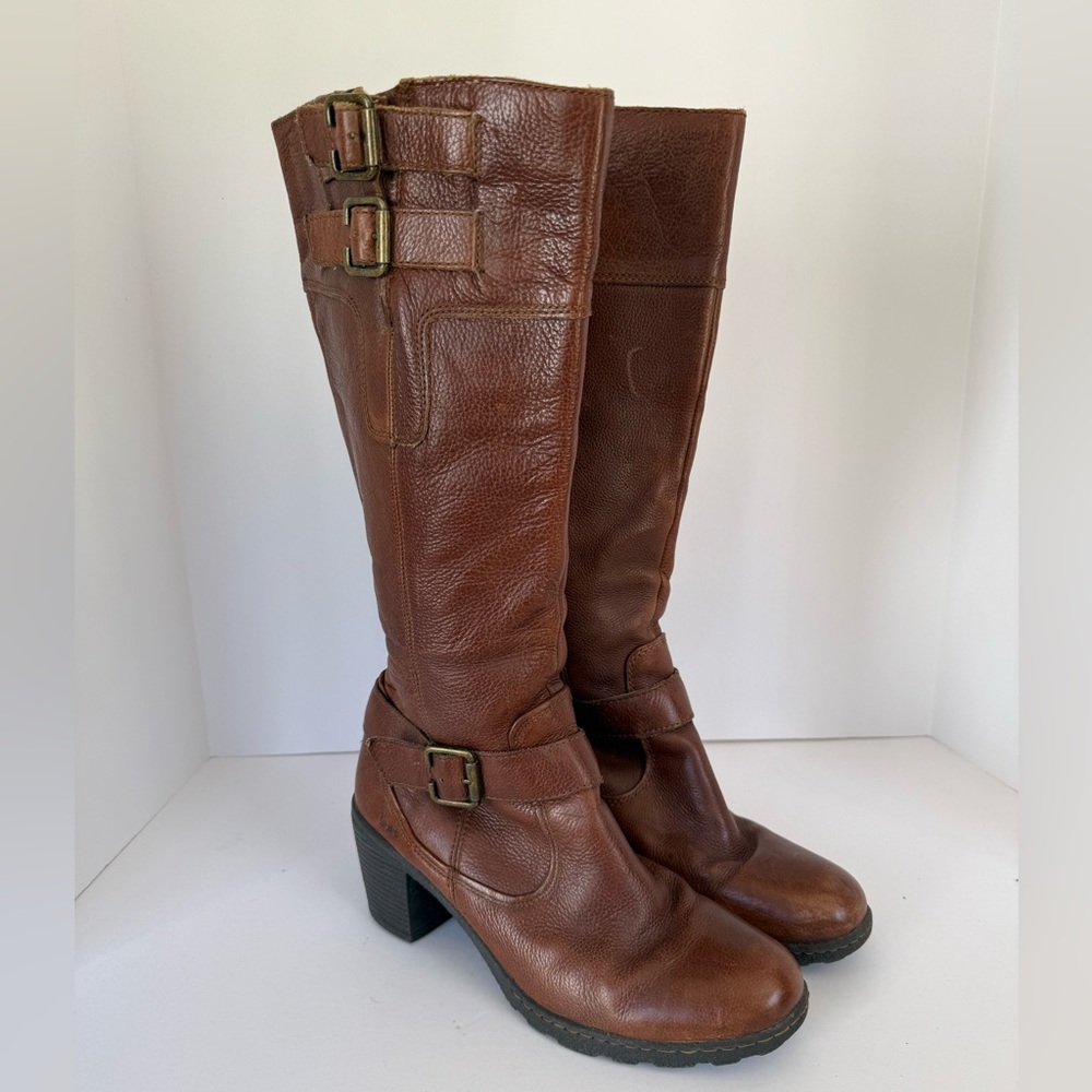 Women's Tall Brown Leather High Heel Buckle Boots - b.o.c. - Size 11